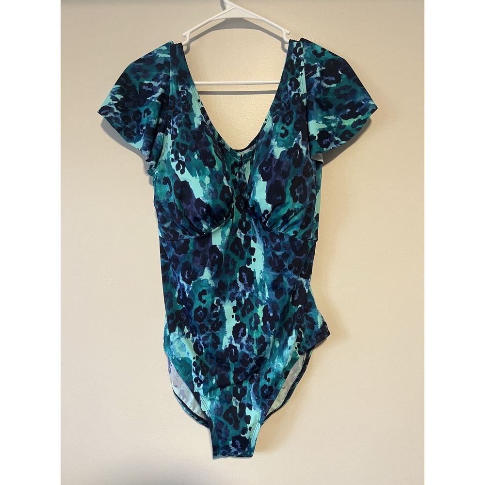 D&Co Beach Swimsuit Womens US 14 Blue Green Print One Piece Padded Cups NWOT
